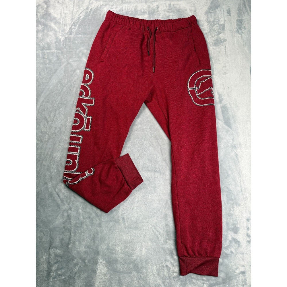 Ecko Unltd. Jogger Pants Men L Red Spell Out Logo Fleece Gym Training Drawstring